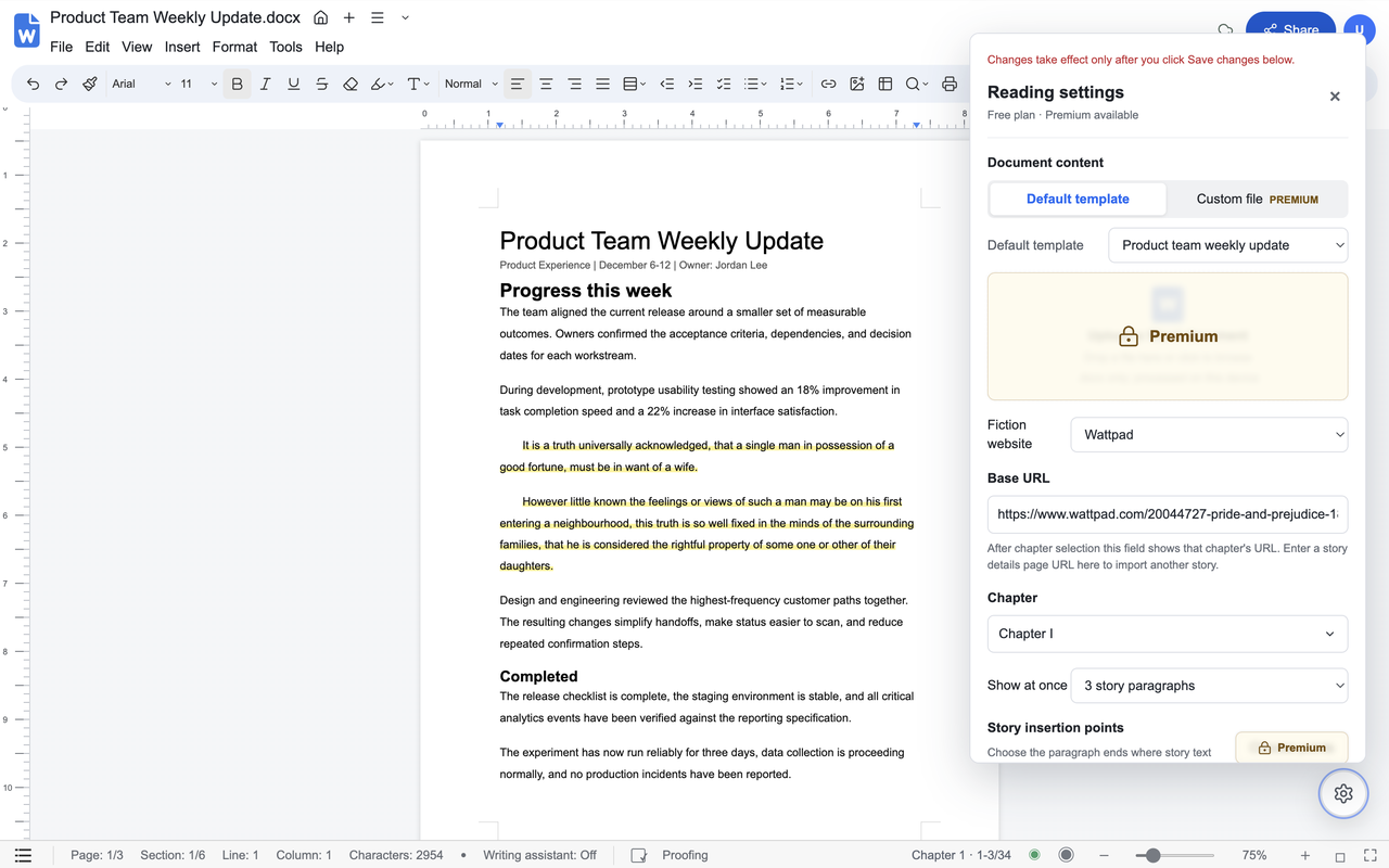 Weekly update document with story paragraphs inserted and the reading settings open