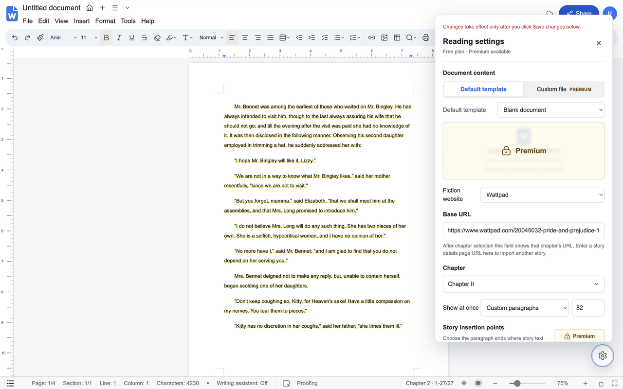 Blank document template with highlighted story text and custom paragraph count settings