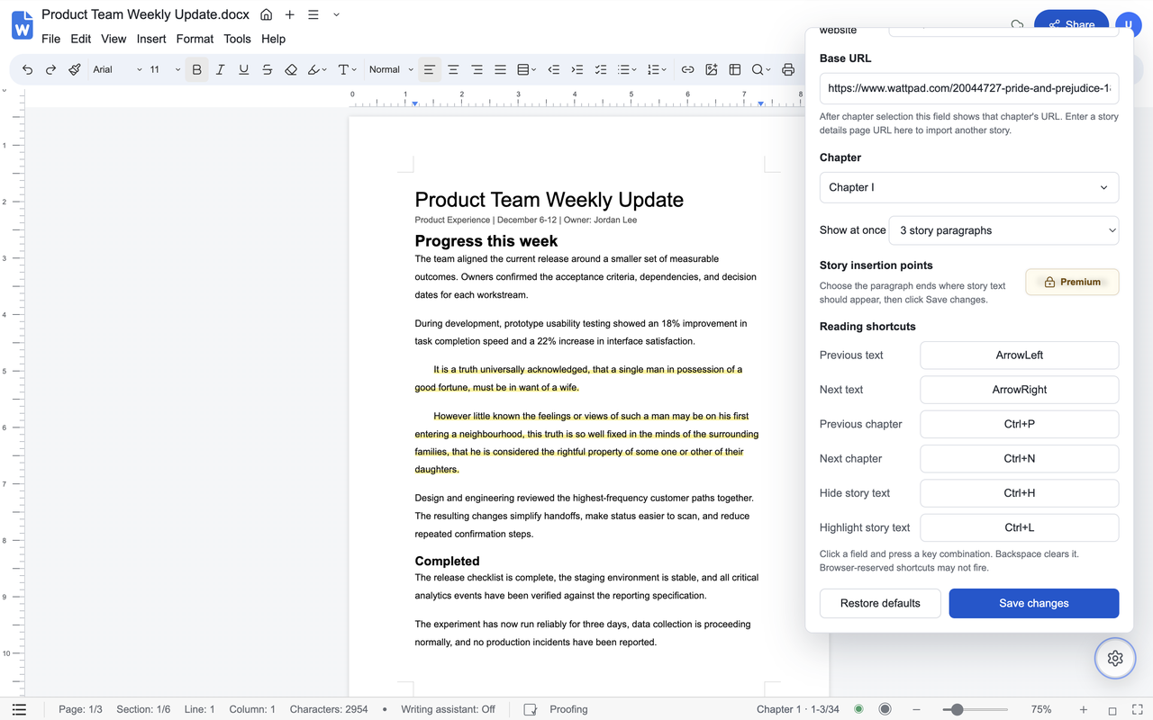 Reading settings showing chapter controls and configurable keyboard shortcuts
