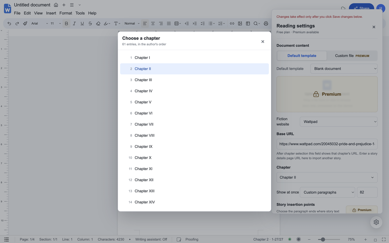 Chapter selection dialog listing chapters in the author's order